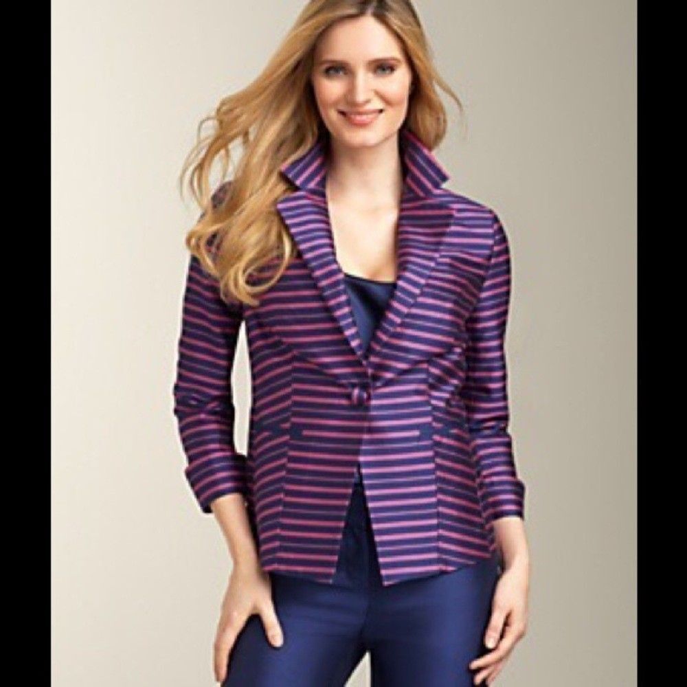 NWT Talbots Grace Fit Blazer Size 10P $229 Silk Blend Navy Blue Purple Striped